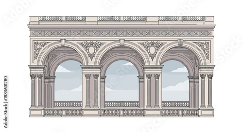 Architectural Arches with Columns and Balustrade.