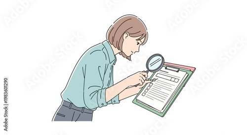 Woman Examining Document with Magnifying Glass.