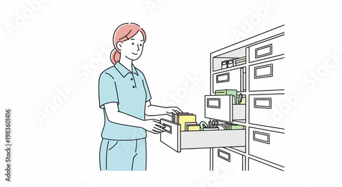Female nurse opening medical cabinet drawer.