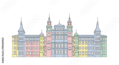 Colorful illustration of large building.