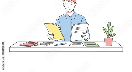 Man reading documents at desk.