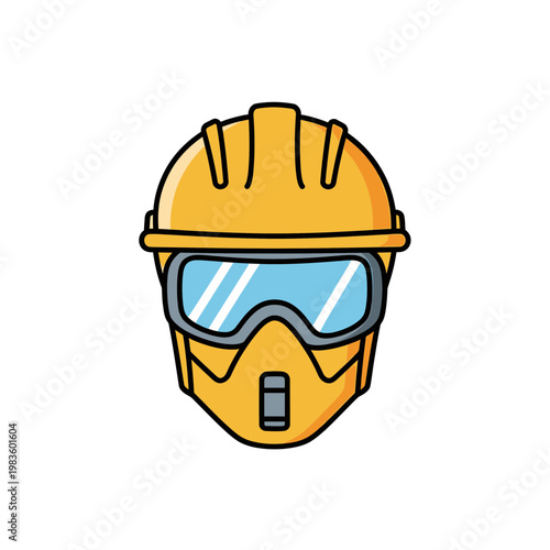 Yellow industrial safety helmet with goggles and mask icon