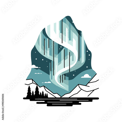 Minimalist Aurora Borealis over mountain landscape vector illustration