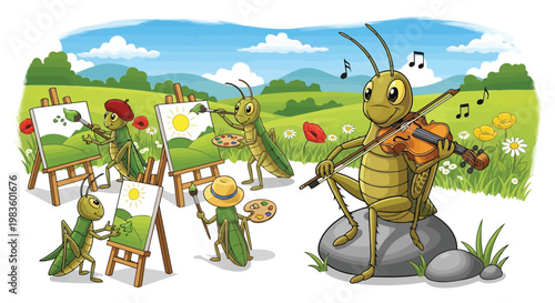 Grasshoppers painting and playing music in a field isolated on white background