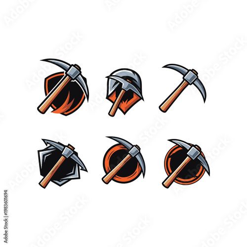 Set of pickaxe mascot logo icons for mining and gaming esports