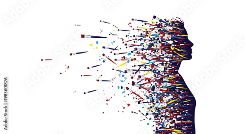 Colorful human head silhouette exploding into multicolored particles isolated on white background