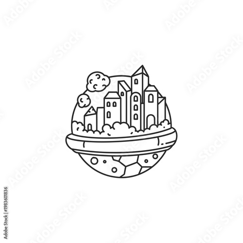 Miniature city on a small planet line art doodle icon