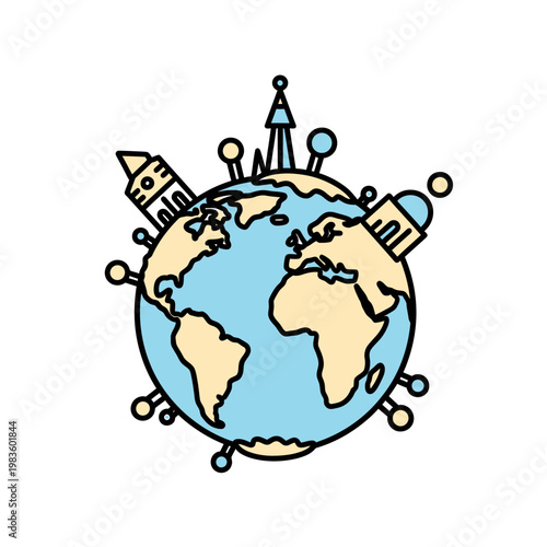 Global Travel Illustration with World Landmarks and Location Pins