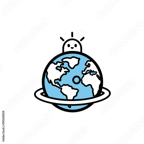 Minimalist Earth planet icon with cute character and ring