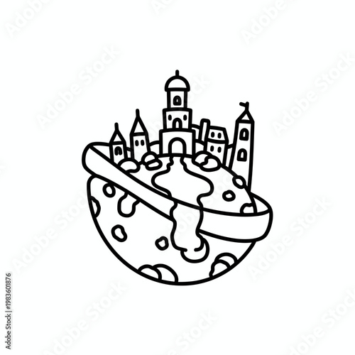 Whimsical Castle Town on Planet Doodle Vector Illustration
