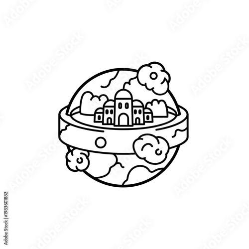 Futuristic City Colony Inside Dome on Planet Line Art Icon