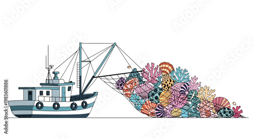 Fishing boat collecting colorful coral reef ecosystem with fishing net illustration isolated on white background