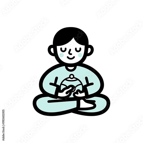 Peaceful Character Meditating in Lotus Pose Holding a Teapot
