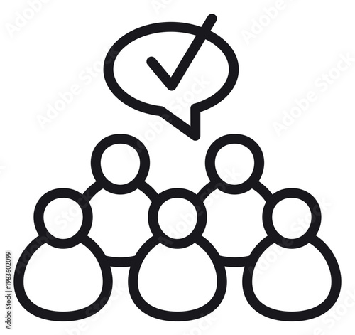 Black vector icon of a group of people with a speech bubble containing a checkmark, symbolizing consensus, team agreement, collective approval, positive feedback, and community support.
