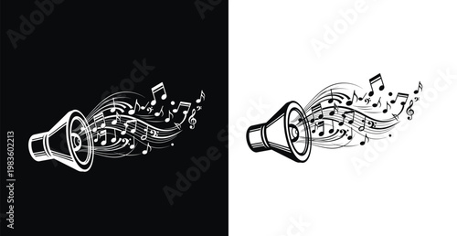 A stylized illustration of a megaphone with musical notes and symbols flowing out of it on black and white backgrounds