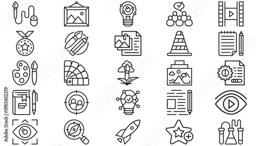 25 Black Vector Icon Set Bundle: Minimalist Line Art Symbols for Business, Education, Science, Creativity, Technology, Design, Writing, Research, Media, Marketing, and Professional Documentation.