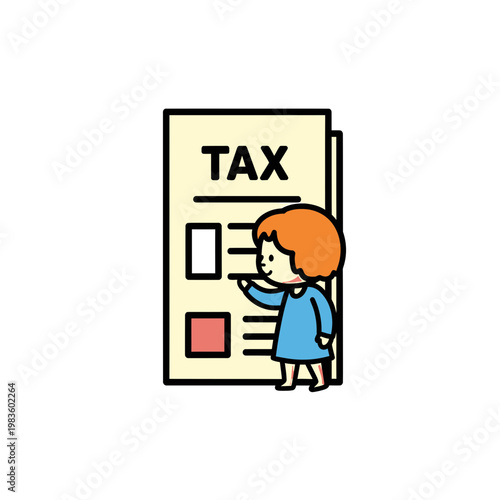 Cartoon Girl Pointing at Large Tax Document Illustration