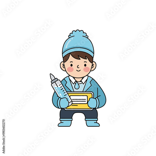 Cute Cartoon Boy Holding Medical Syringe and Health Certificate