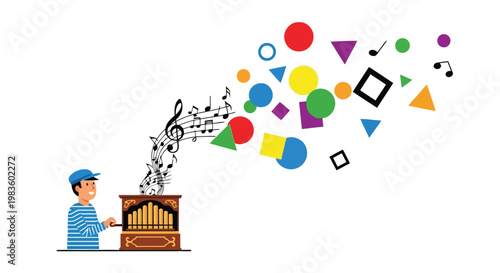 Boy playing organ with colorful music notes and shapes emerging isolated on white background