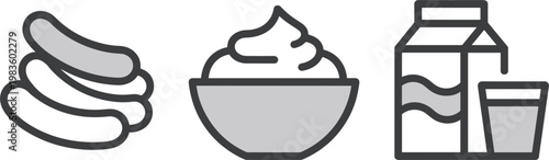 Food icons set, sausages ice cream and milk products, line vector illustration design elements