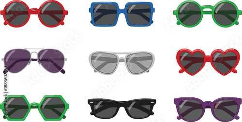 Set of Colorful Cartoon Sunglasses in Different Shapes and Styles for Fashion, Summer Accessories, and Trendy Designs