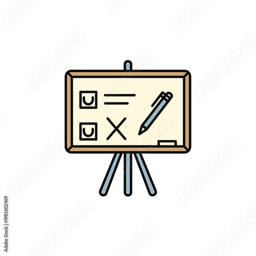 Education whiteboard easel icon with test paper and pen