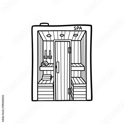 Hand Drawn Illustration of a Wooden Spa Sauna Cabin