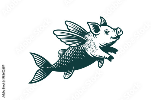 Whimsical flying pig with fish tail and wings fantasy