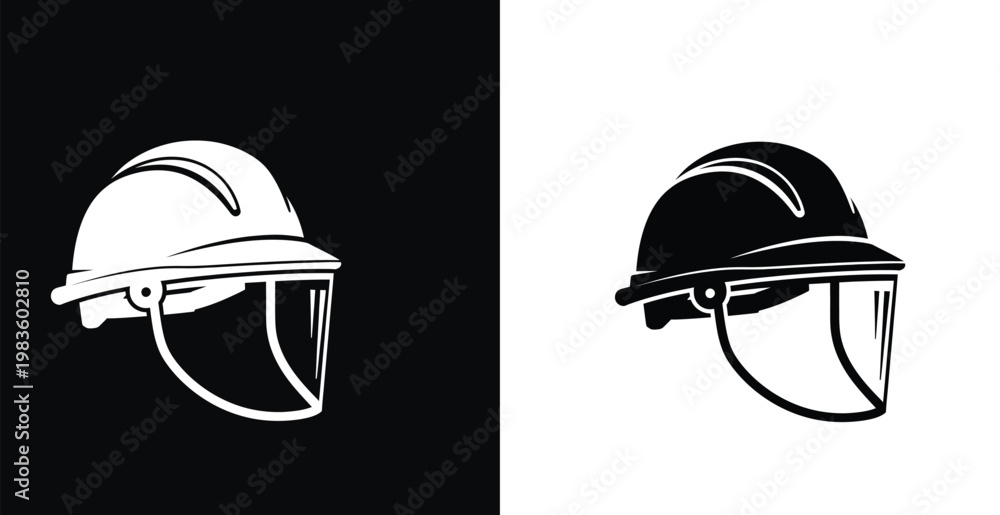Fototapeta premium A black and white illustration of two safety helmets on contrasting backgrounds