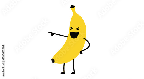 Smiling cartoon banana character pointing sideways.