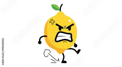 Angry cartoon lemon character running fast.