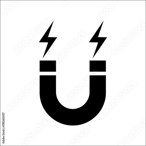 A black magnet icon with lightning bolts on a white background, creating a silhouette effect that highlights the magnetic field and electric current.