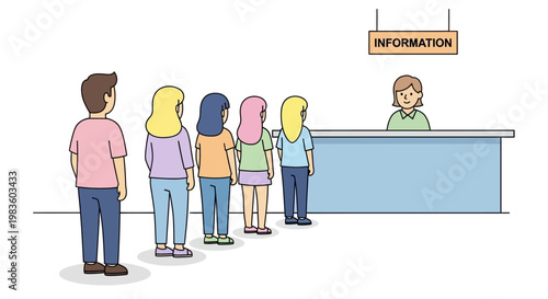 People standing in line at information desk.