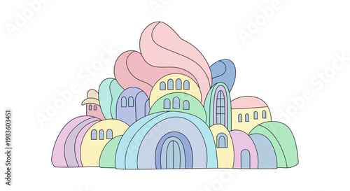 Colorful fantasy houses on hill.