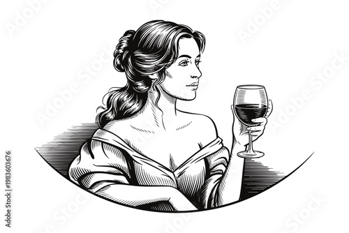 Woman with long hair holding a glass of red wine, black and white wine glass