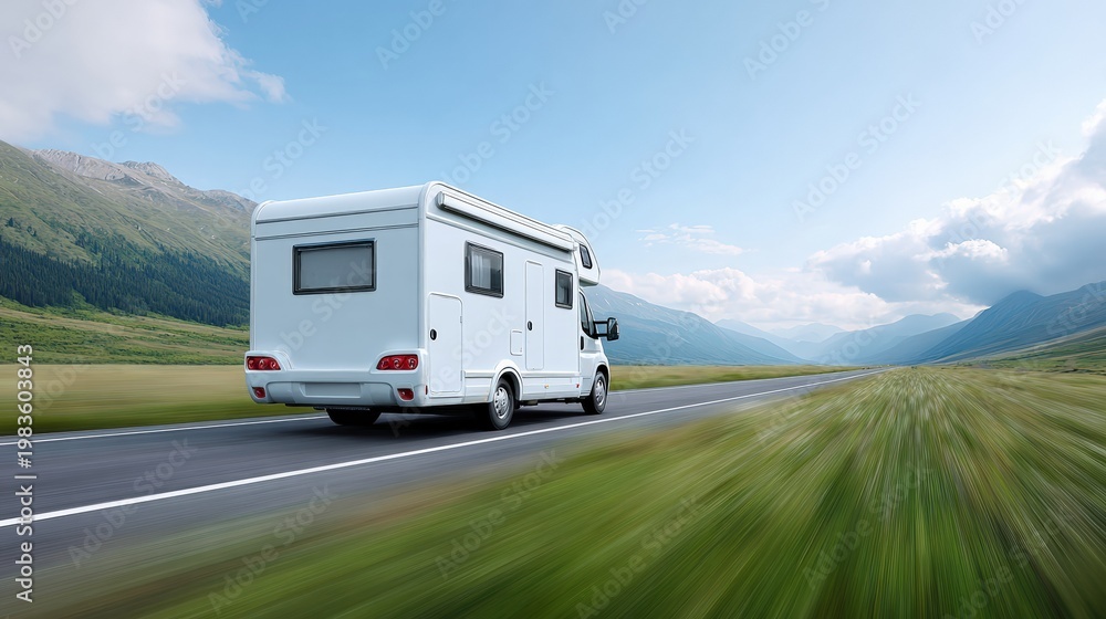Obraz premium Recreational motorhome driving through open mountain valley road