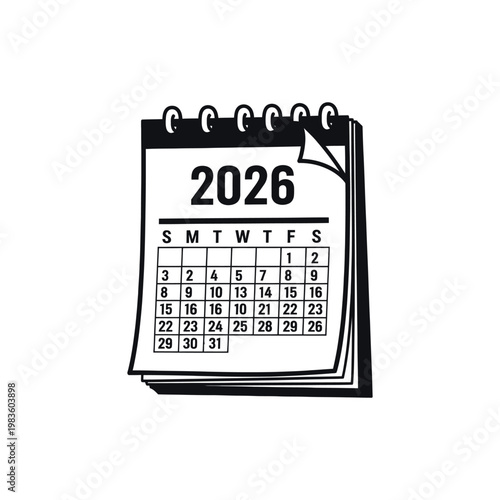 A calendar for the year 2026 with a page turned down to reveal the dates.