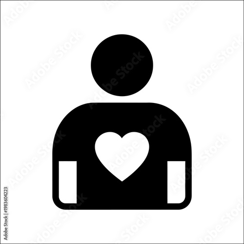 A simple black and white icon of a person with a heart symbol in the chest, representing love, care, and compassion in silhouette mode.