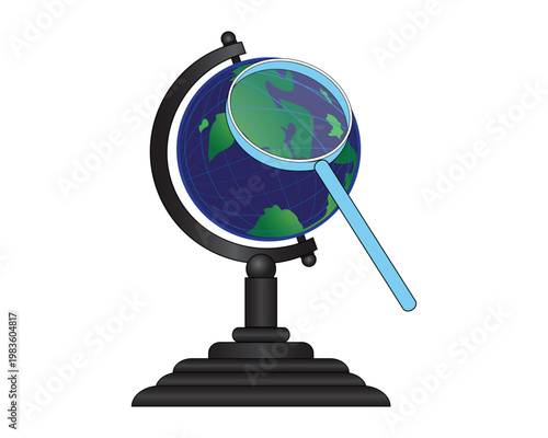 vector illustration design of a globe or a replica of a round earth with a tool or magnifying glass as a search symbol which is usually found on websites or sites or for educational purposes