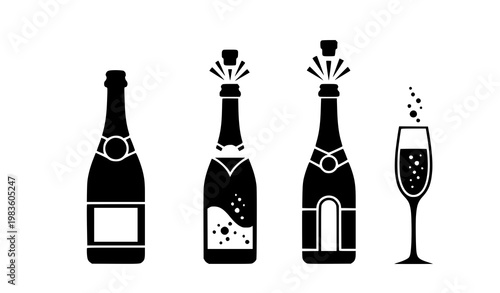 Champagne bottle icon set vector celebration drink silhouettes isolated on white