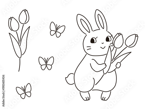 チューリップを持ったウサギのイラスト　線画