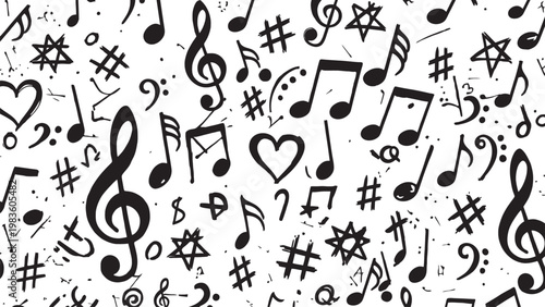 Musical notes and symbols a black and white chaotic composition