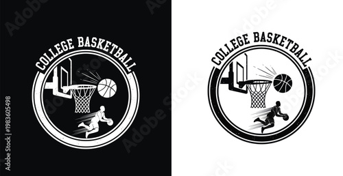 A college basketball logo with a player dunking a ball into a hoop on a black and white background