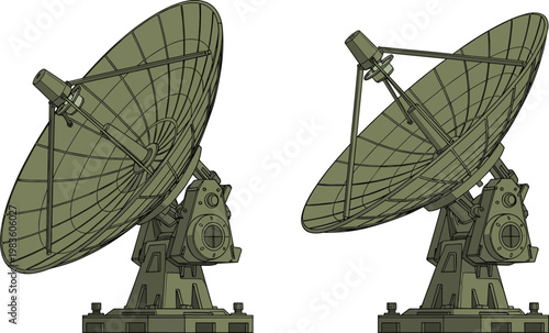 Large satellite dish antenna vector set featuring detailed parabolic radar designs from different perspectives for telecommunications and space research