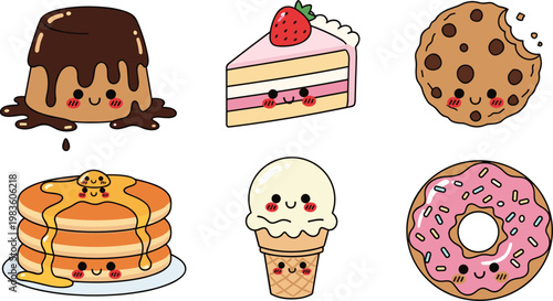 Cute dessert cartoon vector set featuring cake donut ice cream pancakes and cookies with adorable faces isolated design