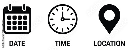 Date time location icon vector set, interface appointment markers with calendar clock and map pin symbols for scheduling, navigation, event planning and modern user interface design