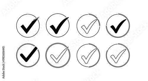 Collection of checkmark icons in circles, representing completion and success, isolated on a white background