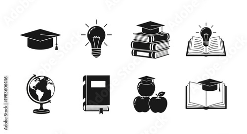Collection of educational icons featuring graduation caps, light bulbs, books, and globes symbolizing knowledge and learning