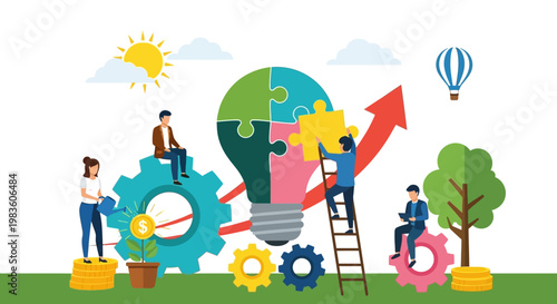 Concept development and business growth with teamwork and innovative ideas symbolized by puzzle lightbulb and rising arrow on a sunny day