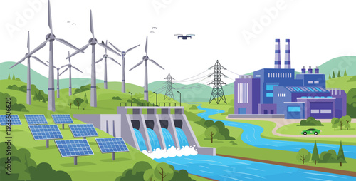 Illustration of Renewable Energy Sources with Wind Turbines, Solar Panels, Hydroelectric Dam, and Power Plant for Green Energy